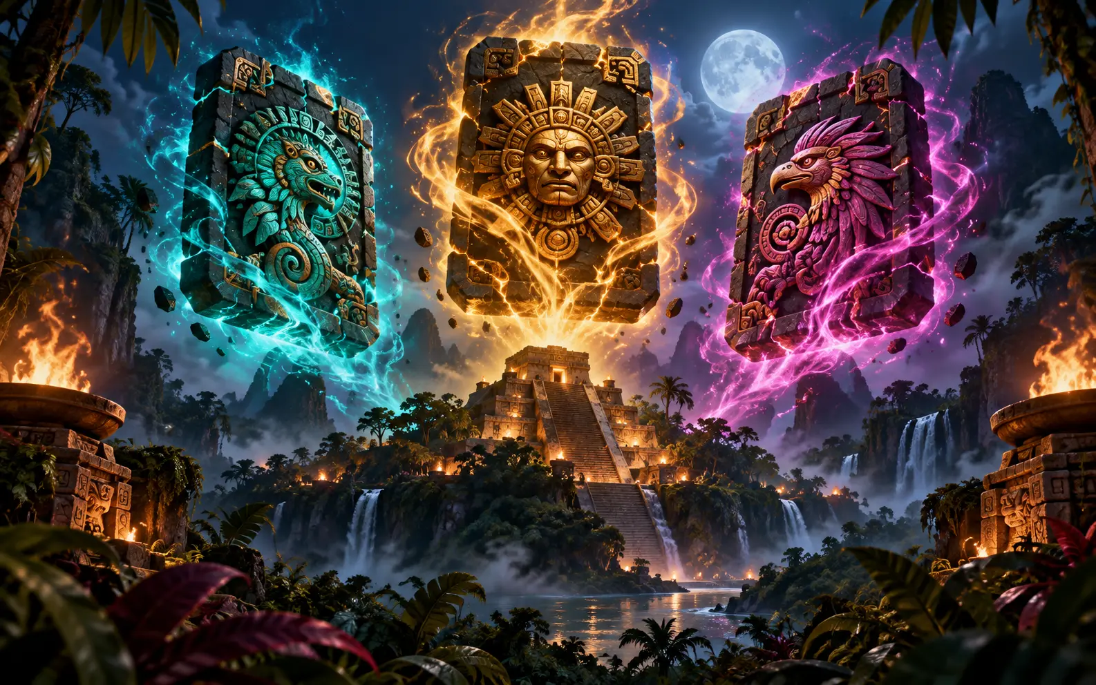 Three glowing Aztec tablets above a moonlit jungle pyramid