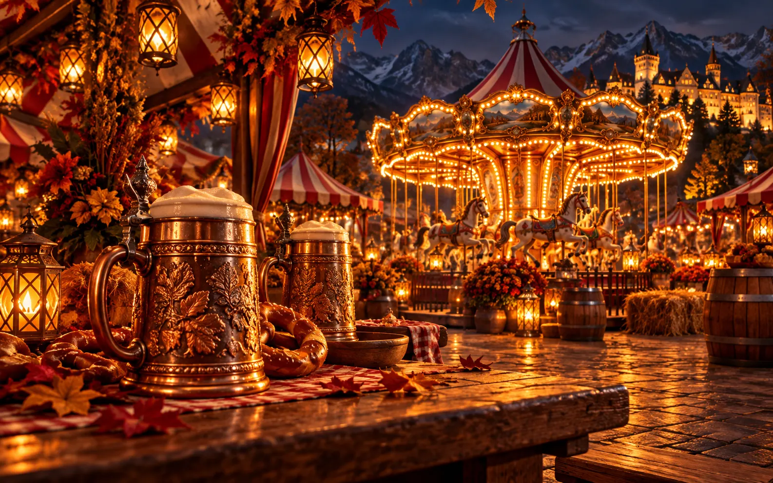 Elegant Bavarian night festival with carousel and amber lanterns