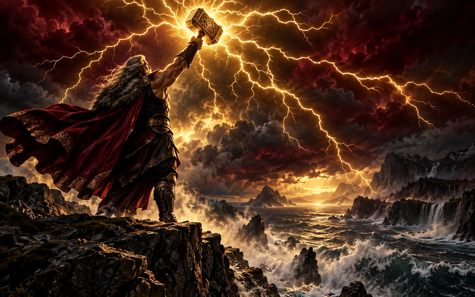 Original Norse storm guardian releasing golden lightning over a dark sea