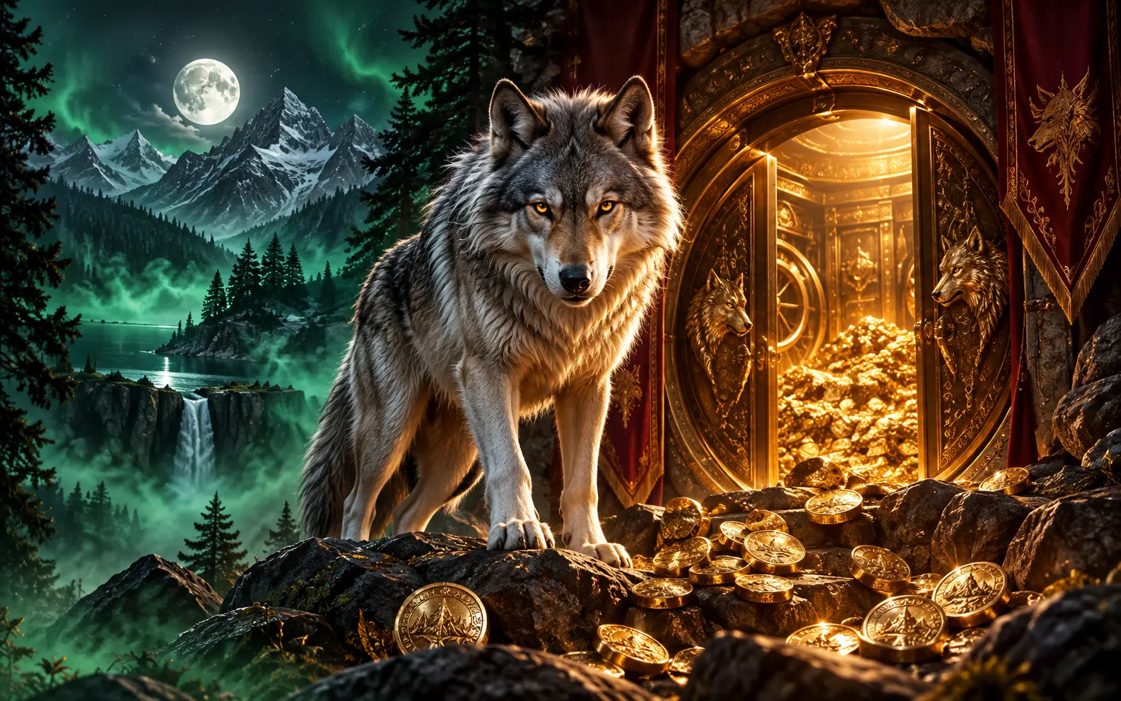 Silver wolf guarding a glowing treasure vault in a moonlit forest